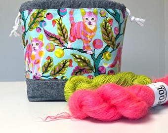 Bolsa média para projetos de tricô, bolsa com cordão, tecido com estampa de gatinho disco, bolsa para projetos de tricô, nécessaire, presente artesanal, nécessaire de viagem, presente para quem gosta de tricô