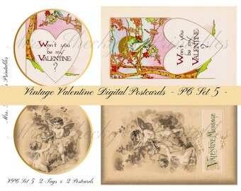 Vintage Valentine Postcards andTags. Postcard Set #5 for scrapbooking, junk journals, paper crafting. mixed media, art, & paper creations