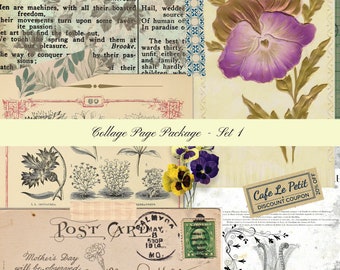 Collage Package Set 1 vintage digital paper backgrounds, tags, journal cards and strips for junk journals and paper crafts, etc.