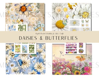 Daisies & Butterflies collage pages, tags, strips for junk journals, paper crafts, scrapbooking, card making,  and more.