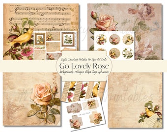 Go Lovely Rose Digital Printable Scrapbooking Junk Journal Ephemera Pages, Tags, cutouts, envelopes, and washi strips - belly bands