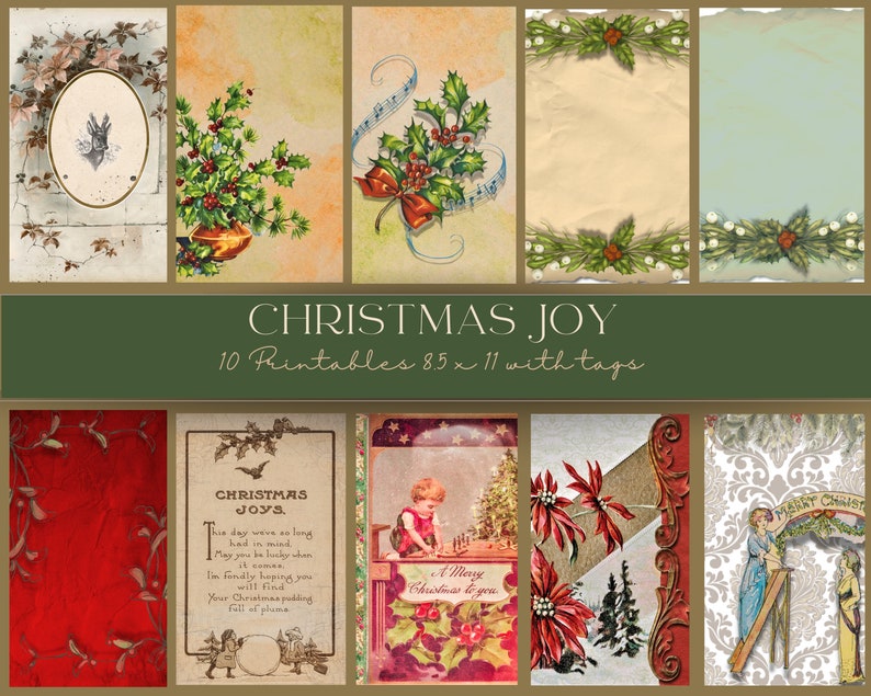 Christmas Joy Vintage Christmas digital paper featuring digital postcards and ephemera background collages image 1