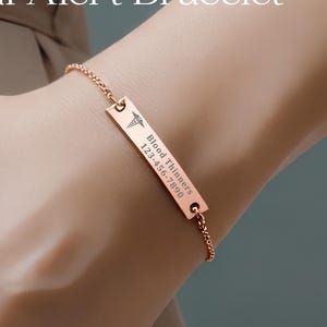 Personalized Blood Thinner Medical ID Bracelet, Rose Gold Finish Bar, Emergency Contact Jewelry