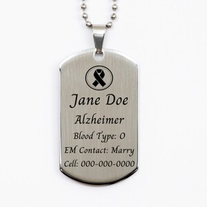 Alzheimer Awareness Tag Necklace for Elder, Custom Personal Health Information with Emergency Contact Info, Medical Jewelry for Elder image 2
