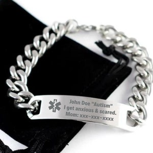 Personalized Medical Alert Bracelet, Dementia Alzheimer Diabetic Allergic Healthcare Accessory, Custom Engraved Bracelet for Men