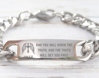 You Will Know The Truth John 8:32, Bible Scripture Engraved Bracelet, Stainless Steel Bible Verse Jewelry, Religious Bracelet for Men