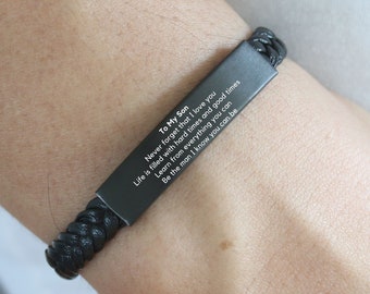 To My Son Birthday Gift from Mom, Engraved Personalized Motivational Quote Jewelry, Leather Bracelet for Men