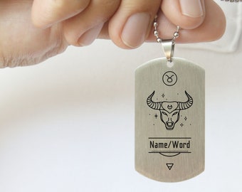 Personalized Zodiac Necklace for Taurus Birthday, Engraved Necklace for Men, Christmas Gift for Taurus Person, Dog Tag Pendant for Teenager