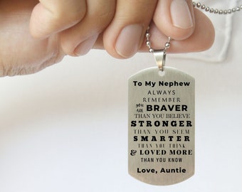 Personalized Motivation Tag Necklace for Nephew, Birthday Christmas Gift for Boy Son Teenager, Gift from Auntie Uncle Grandma Grandpa