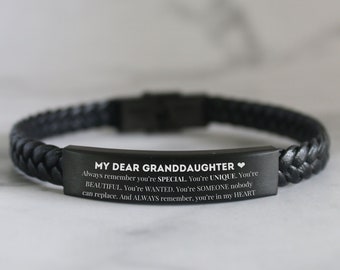My Dear Granddaughter Gifts Personalized Engraved Leather Braided Bracelet Christmas Family Stocking Gifts for Her Teen Girl Jewelry