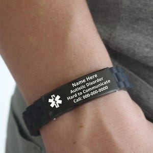 Personalized Medical Alert Bracelet for Men, Autism Allergy Seizure ID Wristband with Medical Alert Sign, Autism Awareness Engraved Jewelry