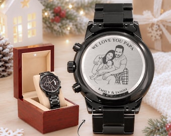 Orologio cronografo nero personalizzato, con foto e messaggio a scelta per papà, marito, nonno, regalo per la festa del papà.