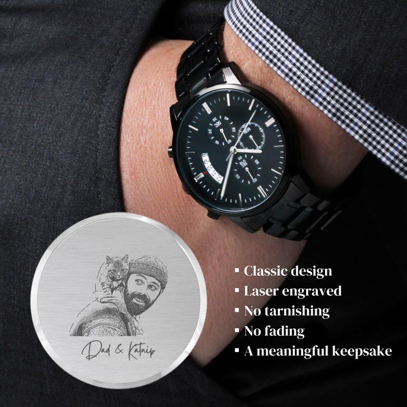 family photo gift, birthday gift husband, anniversary gift, Father's Day gift, gift for dad, black chronograph wristwatch, personalized wristwatch for men, photo engraved jewelry, free engraving gift, custom name gift, jewelry for men, keepsake gift men, one of a kind gift, unique gift, cat owner gift, turn photo to gift, premium gift men, premium wristwatch men, picture wristwatch dad, family portrait gift, black classic wristwatch, engraved watch for husband, gifts for cat dad, dad & pet photo