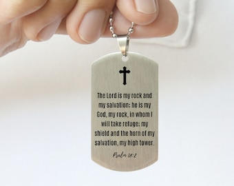 Psalm 18:2 Bible Verse Dog Tag Necklace For Men Boys, Inspirational Encouraging Pendant Jewelry, Meaningful Religious Gift For Christian