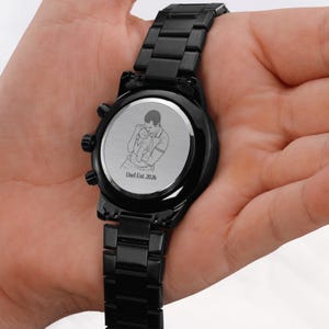 Personalized anniversary gift for him: men's luxury watch with custom photo laser engraving on the back of the watch face