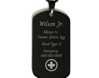 Black Stainless Steel Medical ID Tag Jewelry with Diabetes Allergy Health Info, Personalized Medical Prescription Necklace Accessory