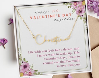 Gelukkige 1e Valentijnsdag samen, geboorte bloem aangepaste naam ketting, cadeaus voor vriendin vrouw met berichtkaart