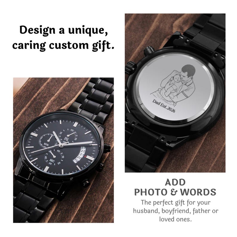 Personalized anniversary gift for him: men's luxury watch with custom photo laser engraving on the back of the watch face
