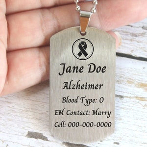 Alzheimer Awareness Tag Necklace for Elder, Custom Personal Health Information with Emergency Contact Info, Medical Jewelry for Elder image 1