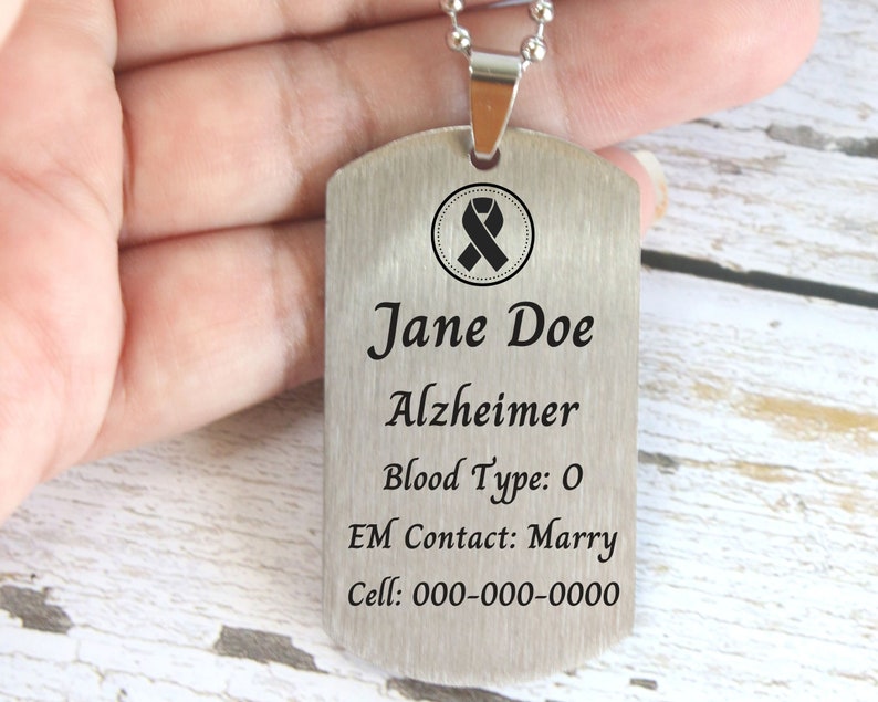 Alzheimer Awareness Tag Necklace for Elder, Custom Personal Health Information with Emergency Contact Info, Medical Jewelry for Elder image 1