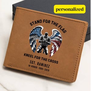 Personalized Veteran Memorial Wallet, Kneeling Soldier with America Flag Wings, Military Tribute Gift for Men, Fallen Soldier Tribute