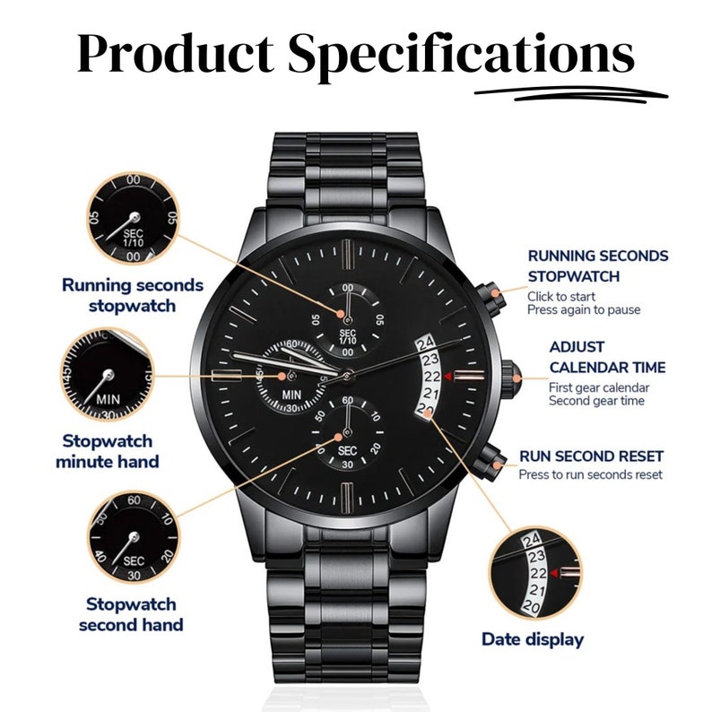 Personalized anniversary gift for him: men's luxury watch with custom photo laser engraving on the back of the watch face