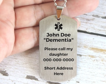 Personalized Medical Alert for Dementia Patient, Dementia Awareness Jewelry for Mother Father, Emergency Contact Info, Gift for Senior Elder