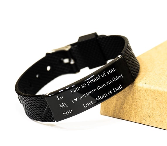 Engraved Bracelet for Son From Mom Dad, Personalized Black