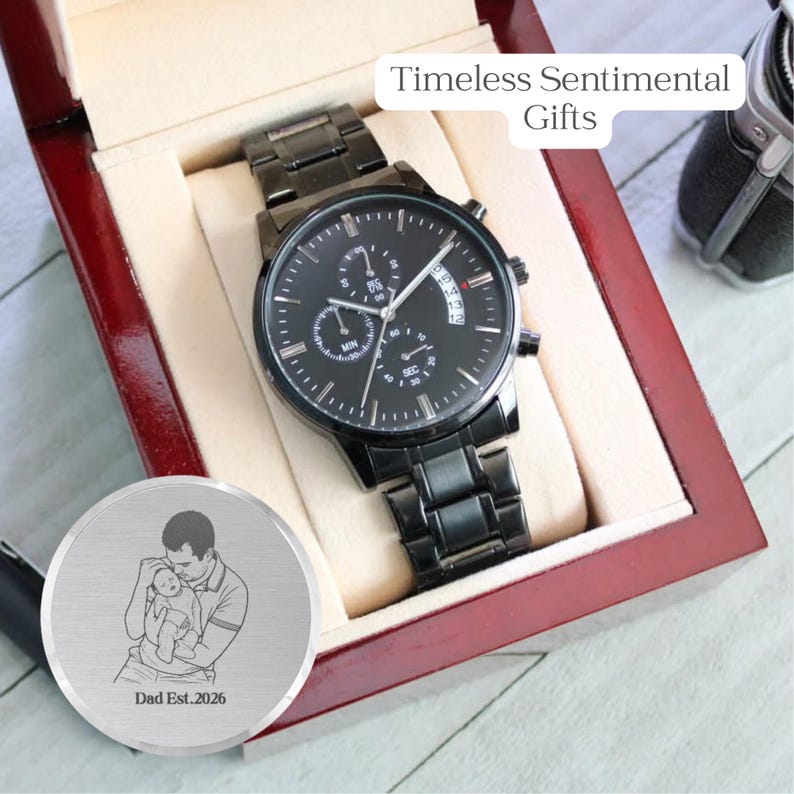 Personalized anniversary gift for him: men's luxury watch with custom photo laser engraving on the back of the watch face