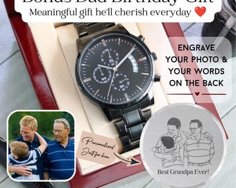 Bonus Dad Birthday Gift, Personalized Photo Engraved Watch, Custom Picture Watch, Jewelry for Stepdad, Meaningful Gift from Bonus Daughter