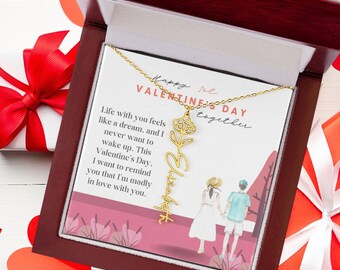 Birth Flower 18K Gold Necklace, Custom Name Jewelry with Message Card, First Valentine's Day Together, Gifts for Girlfriend Wife