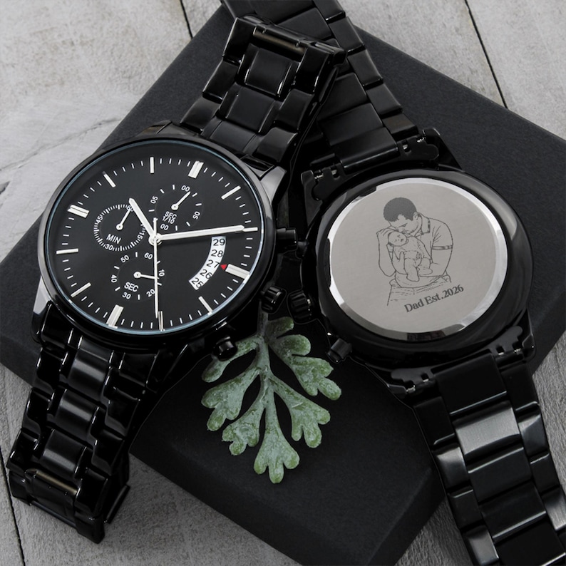 Personalized anniversary gift for him: men's luxury watch with custom photo laser engraving on the back of the watch face