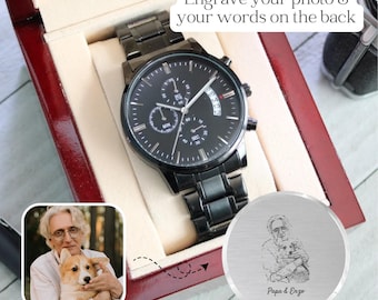 Personalized Father's Day Gift for Dog Dad, Photo Portrait Engraved Wristwatch for Men, Birthday Christmas Present for Pet Lover