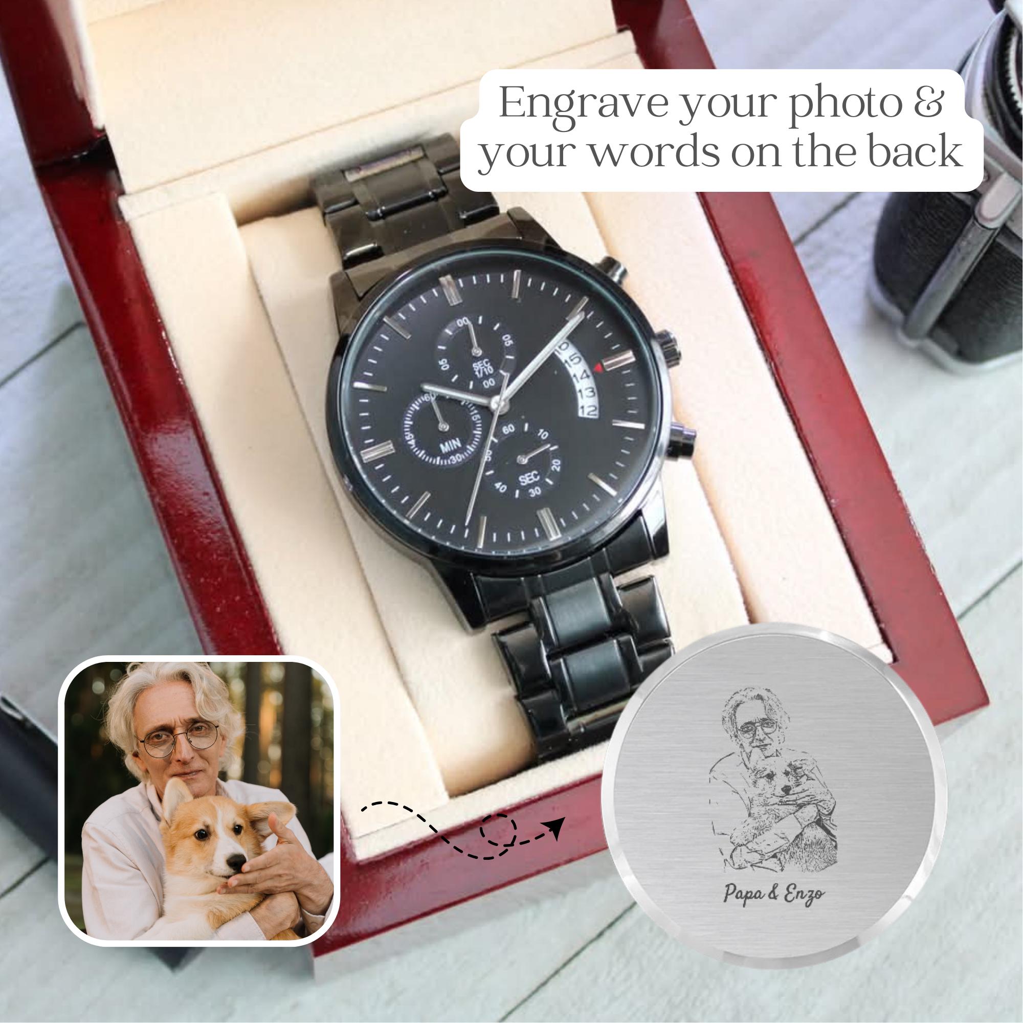 Personalized Father's Day Gift for Dog Dad, Photo Portrait Engraved Wristwatch for Men, Birthday Christmas Present for Pet Lover