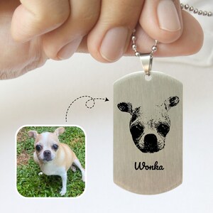 May include: A silver dog tag pendant with a ball chain necklace. The tag features a black and white illustration of a dog's face and the name "Wonka" in black script. A small photo of the dog is in the lower left corner.