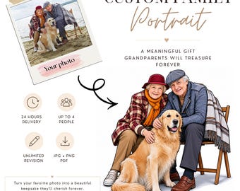 Custom Family Portrait from Photo, Gift for Grandma Grandpa, Personalized Grandparent Gift, Family Illustration, Digital Download Keepsake