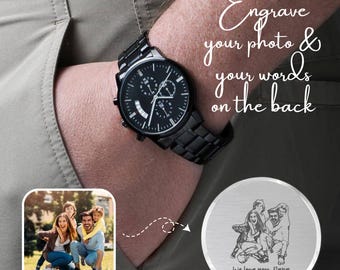 Personalized Engraved Black Chronograph Watch, Custom Photo & Message Gift for Dad Husband or Grandpa, Father's Day Gift for Him
