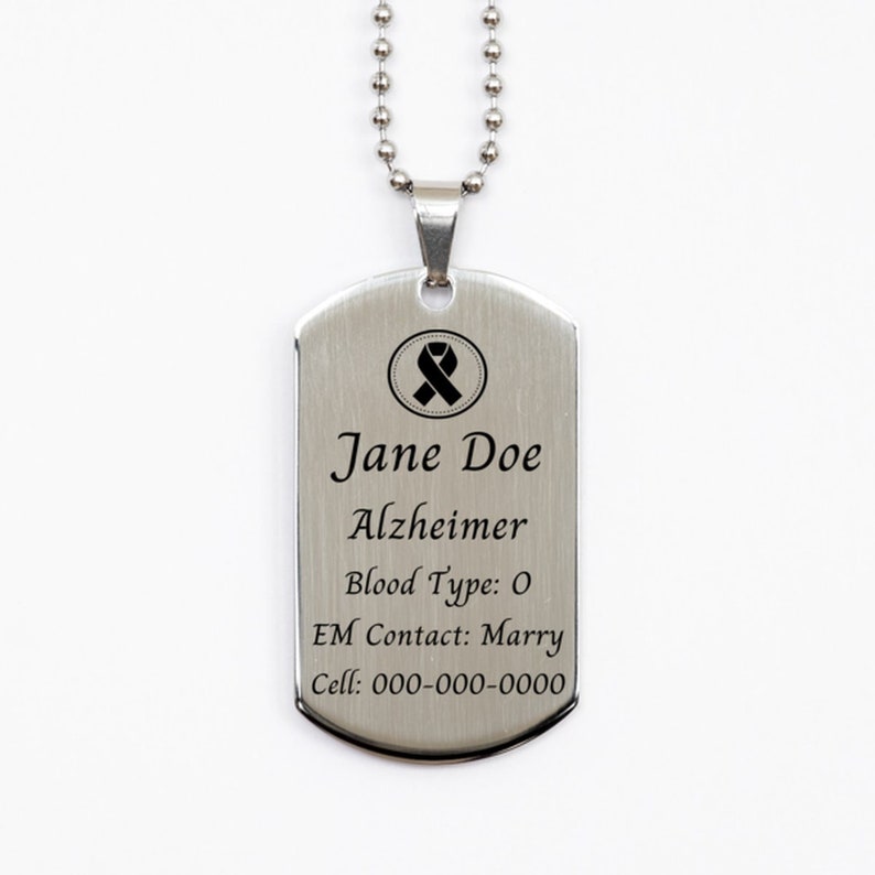 Alzheimer Awareness Tag Necklace for Elder, Custom Personal Health Information with Emergency Contact Info, Medical Jewelry for Elder image 2