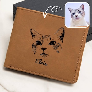 Personalized Leather Wallet with Pet Photo Portrait & Name, Custom Cat Photo Wallet, Pet Memorial Gift for Cat Lovers, Gift for Pet Parents