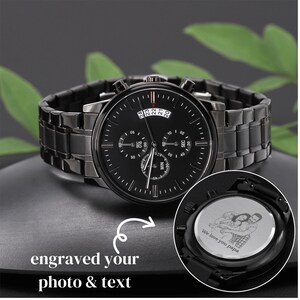Custom photo laser engraved wooden wristwatch with a personalized family picture on the back dial, luxury leather strap close-up shot.
