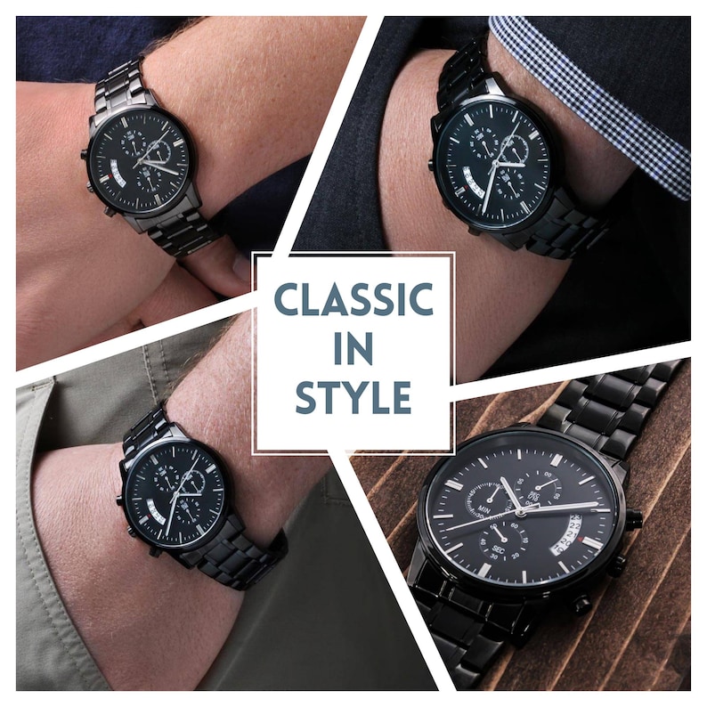 Personalized anniversary gift for him: men's luxury watch with custom photo laser engraving on the back of the watch face