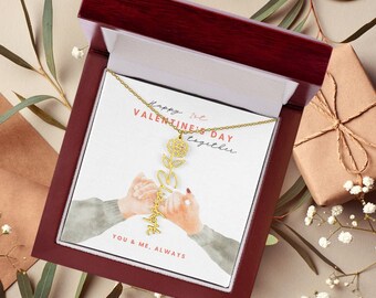 Eerste Valentijnsdag ketting voor vrouwen vriendin, gepersonaliseerde geboortebloem sieraden cadeaus voor vrouw, 18K gouden ketting