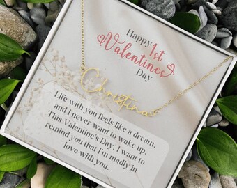 First Valentine's Day Signature Necklace, Custom Name Necklace for Girlfriend Wife