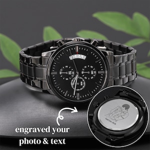 Personalized anniversary gift for him: men's luxury watch with custom photo laser engraving on the back of the watch face
