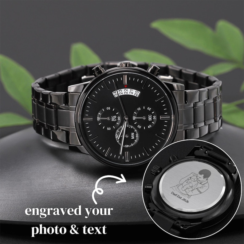 Personalized anniversary gift for him: men's luxury watch with custom photo laser engraving on the back of the watch face