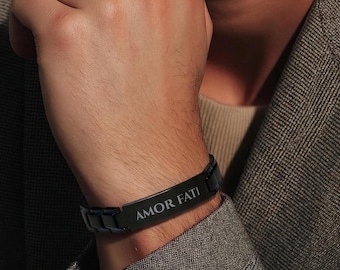 Personalized Modern Stoic Bracelet, Amor Fati Black Stainless Steel Cuff, Custom Latin Quote Engraved Bangle, Minimalist Gift for Men & Him