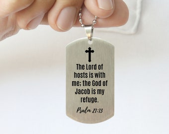 Psalm 21:13 Bible Verse Dog Tag Necklace For Men Boys, Inspirational Encouraging Pendant Jewelry, Meaningful Religious Gift For Christian