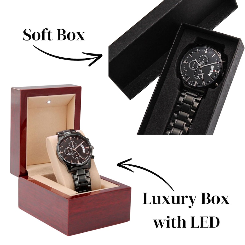 Personalized anniversary gift for him: men's luxury watch with custom photo laser engraving on the back of the watch face
