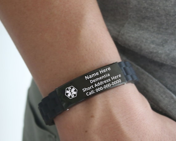 Personalised Unisex Black Medical Alert ID Bangle Bracelet | Alert bracelet,  Medic alert bracelets, Medical alert