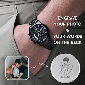 Personalized anniversary gift for him: men's luxury watch with custom photo laser engraving on the back of the watch face